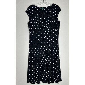 Lauren Ralph Lauren Dress Womens 14 Black White Polka Dot Babydoll Cap Sleeve